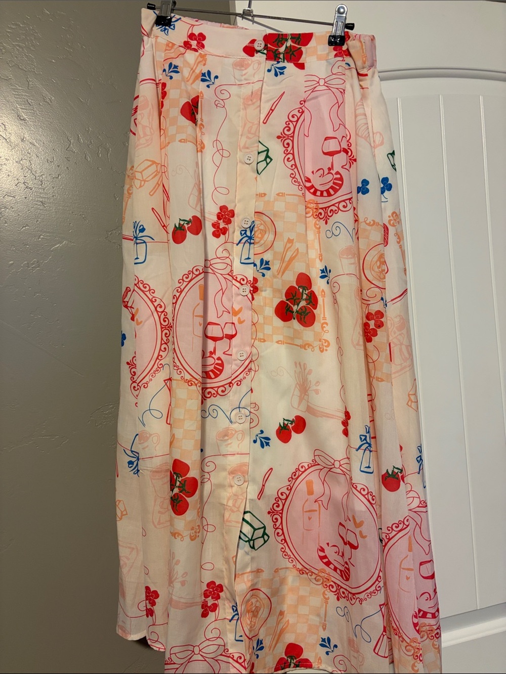 Roolee Cream Midi Skirt with Red & Blue Floral and Cherry Print